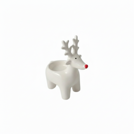 Two white ceramic t-light holders in the shape of reindeer with red noses.