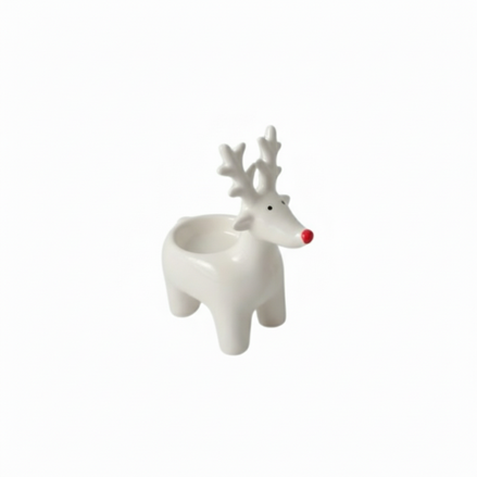 Two white ceramic t-light holders in the shape of reindeer with red noses.