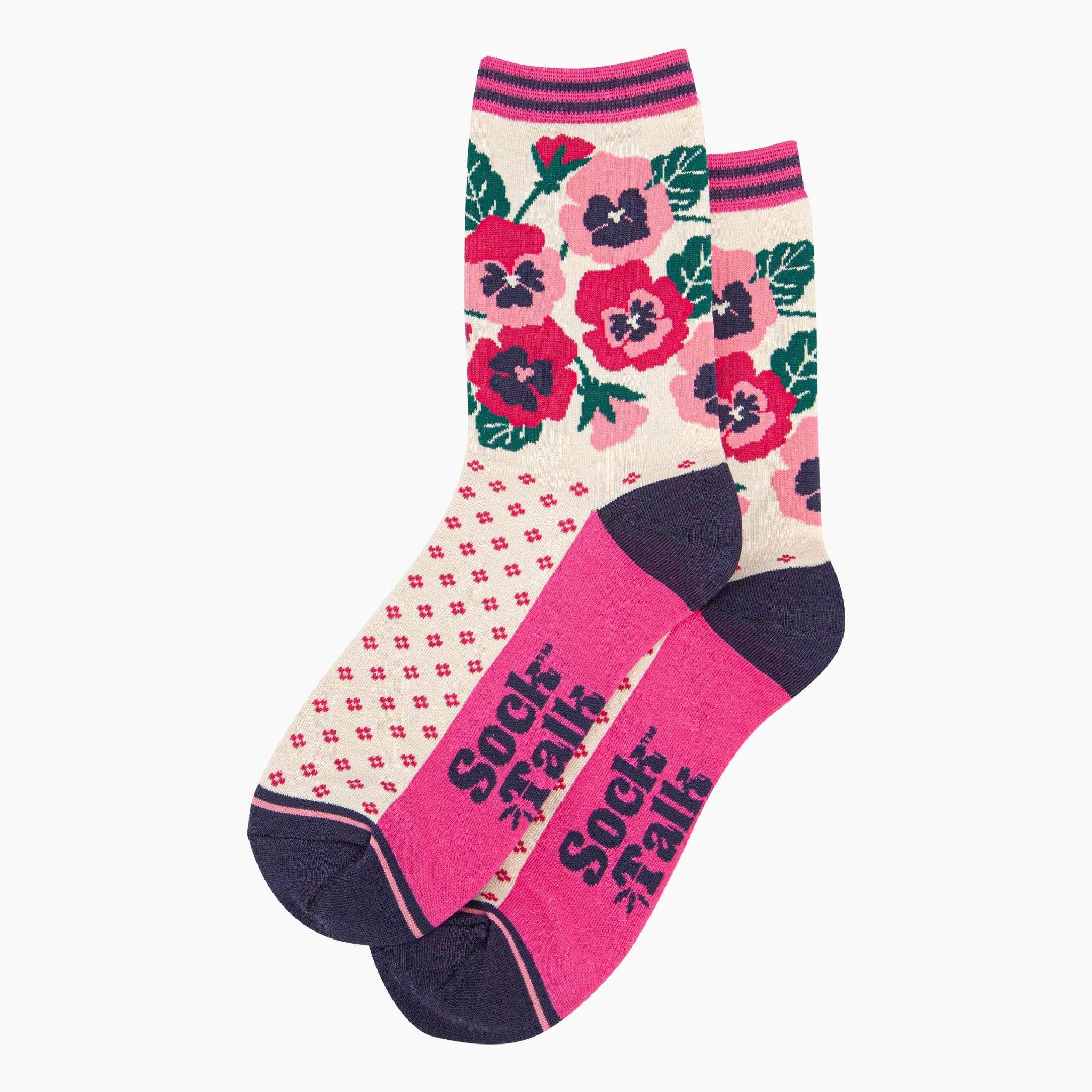 Women's Bamboo Socks - Cream/Pink, Pansies: UK 3-7 | EU 36-40 | US 5-9