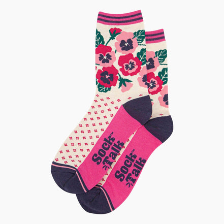 Women's Bamboo Socks - Cream/Pink, Pansies: UK 3-7 | EU 36-40 | US 5-9