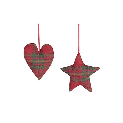 Hanging Fabric Tartan Star & Heart Decorations – Set of 2 (Assorted)