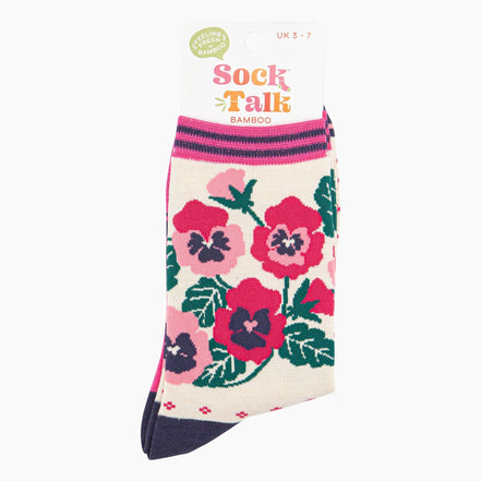 Women's Bamboo Socks - Cream/Pink, Pansies: UK 3-7 | EU 36-40 | US 5-9