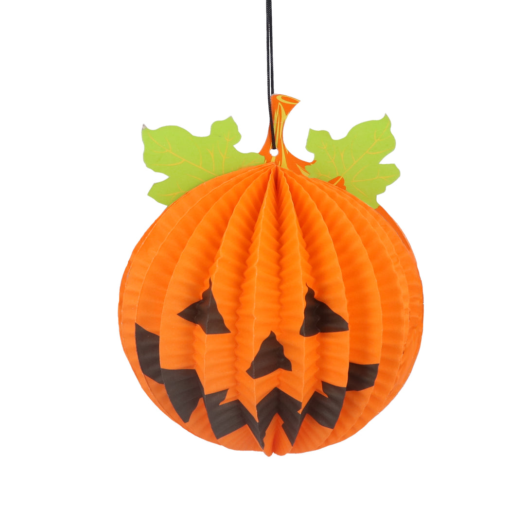 Orange Paper Honeycomb Pumpkin Face with Leaves
