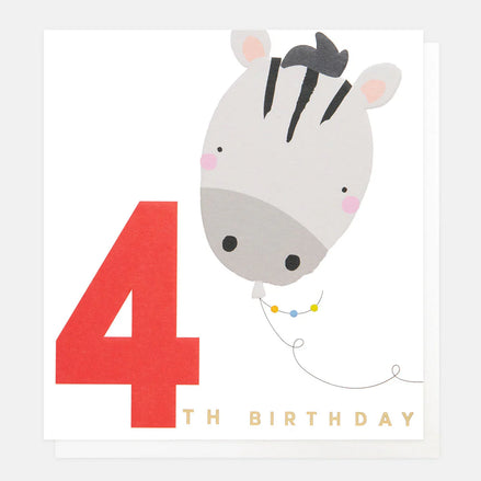 4th Birthday Zebra Balloon Birthday Card