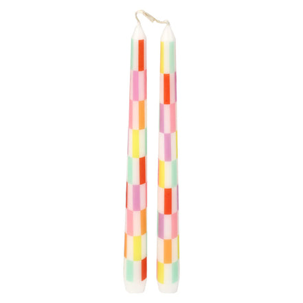 Multi Coloured Check Taper Dinner Candles - 2 Pack