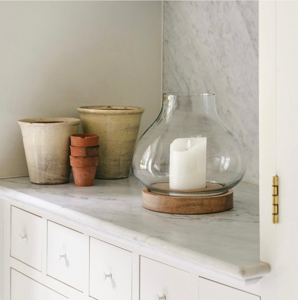 Claymore Teardrop Glass and Wood Hurricane Lantern