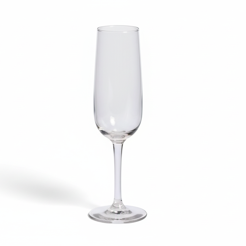 Clear glass flute on a white background