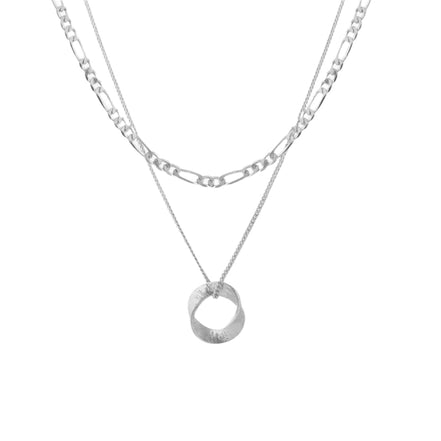 A silver-colored double layer necklace with an open twist pendant on a white background