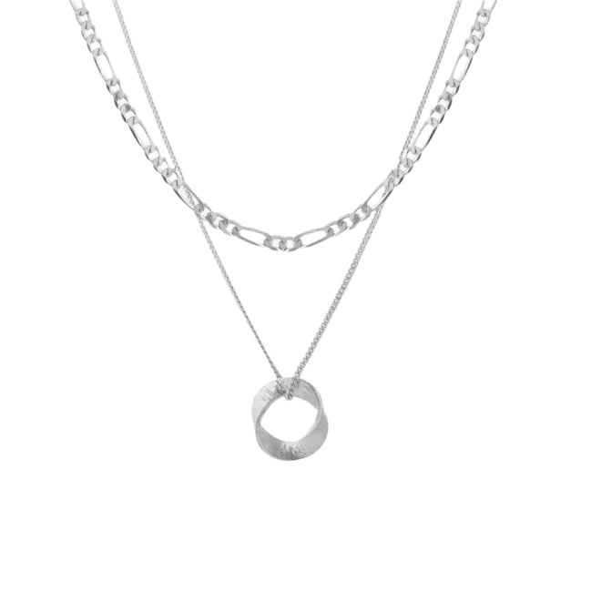 A silver-colored double layer necklace with an open twist pendant on a white background