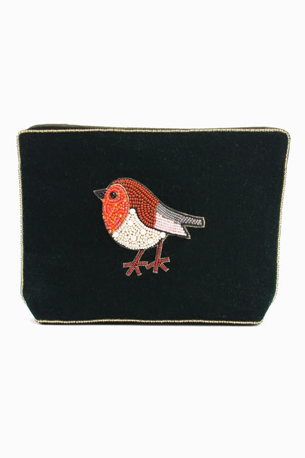 Dark Green Robin Medium Velvet Pouch