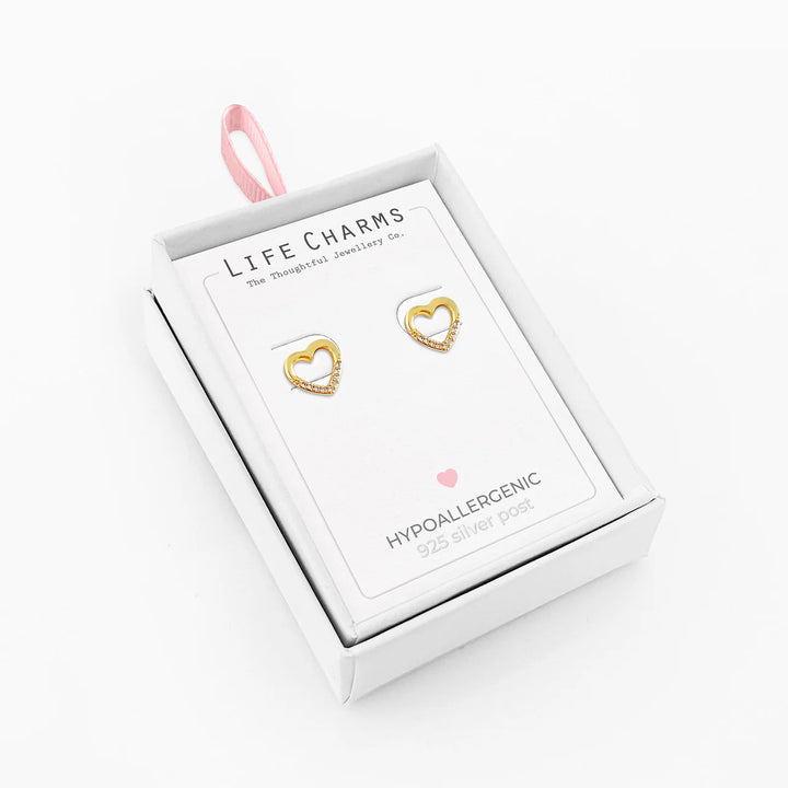 Open gold heart stud earrings
