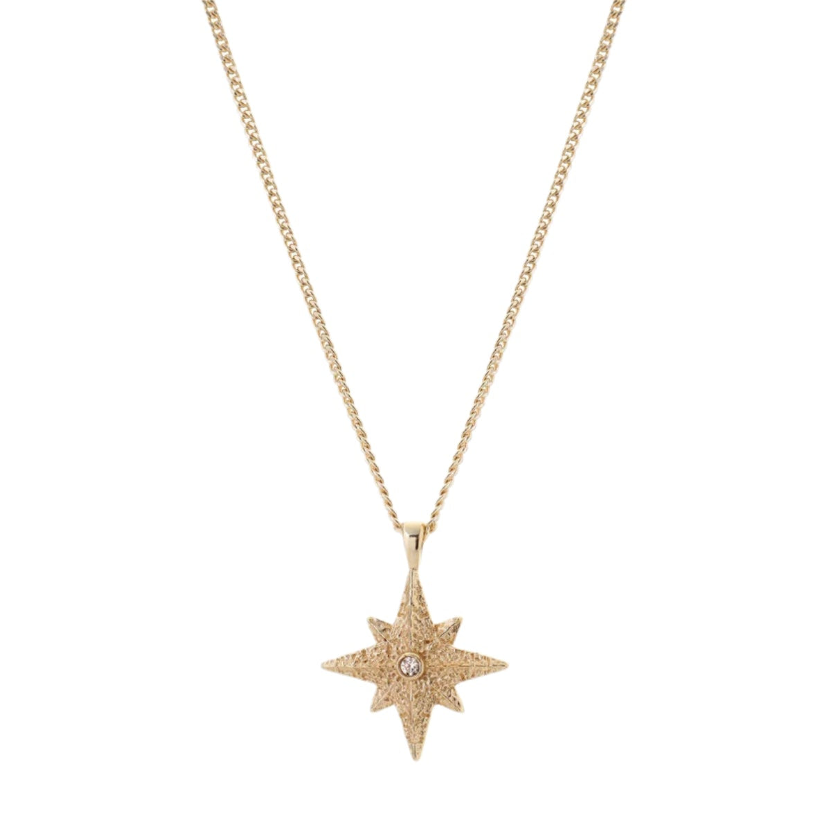 Gold star-shaped pendant necklace on a white background