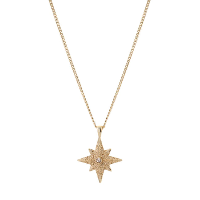 Gold star-shaped pendant necklace on a white background