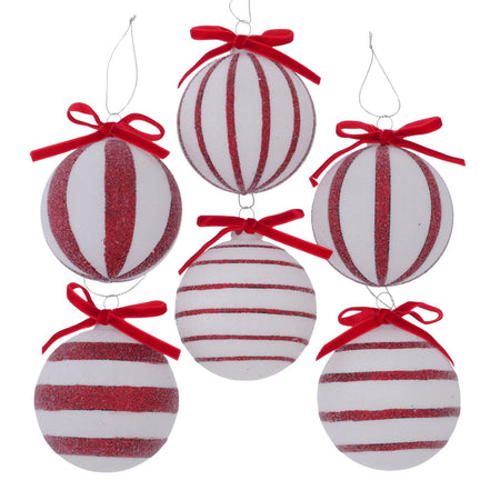 Red and White Christmas Bauble Striped 6 Assorted