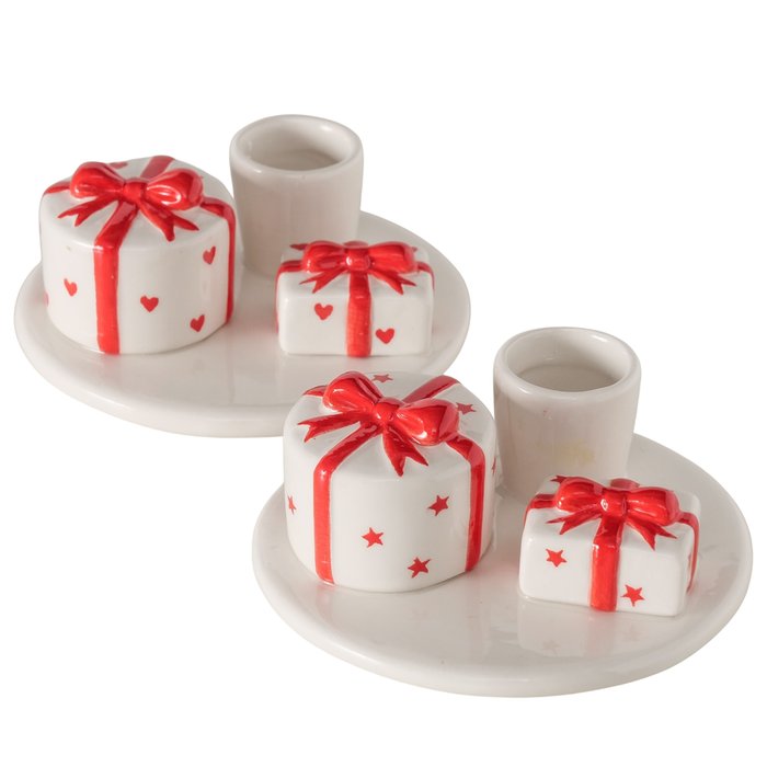 Present Candleholder – White & Red (2 Assorted: Hearts or Stars)