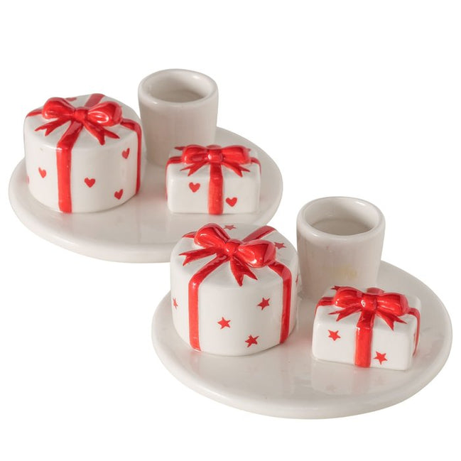 Present Candleholder – White & Red (2 Assorted: Hearts or Stars)