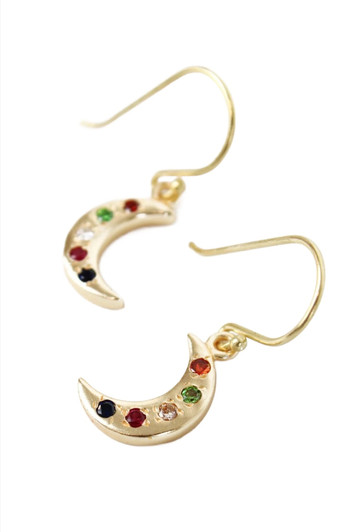 Gold Moon Gem Studded Hook Earrings