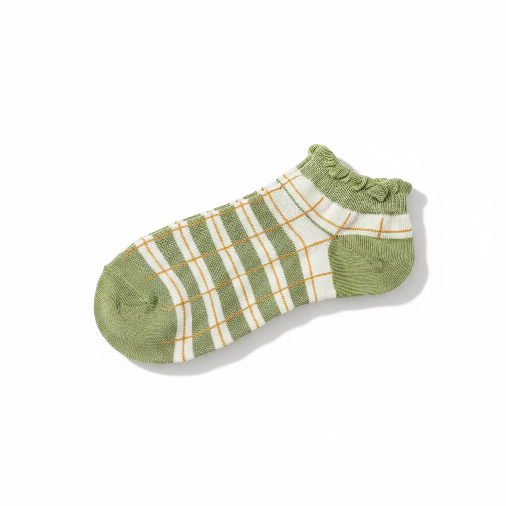 Womens Cotton Floral Trainer Socks - Olive green, orange stripe