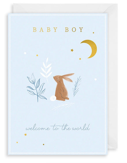 Welcome Baby Boy Blue Bunny & Moon Card