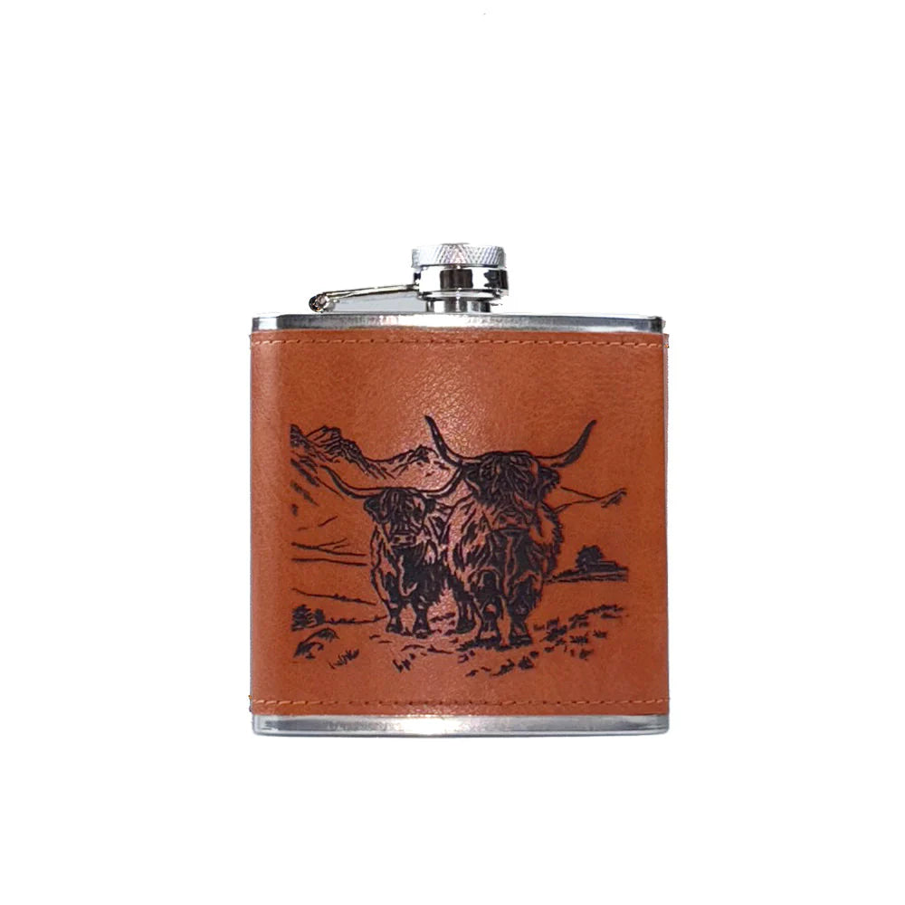Leather Hip Flask - Scenic Highland stag