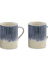 Two ceramic mugs with blue striped design on a white background