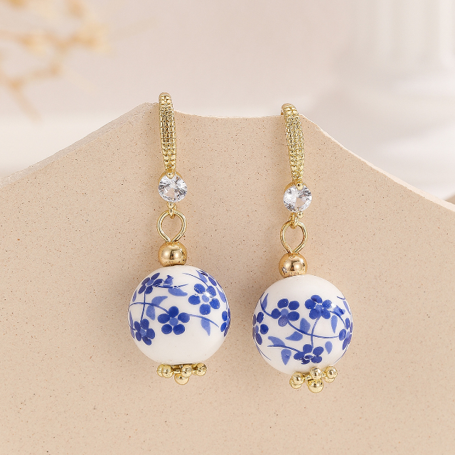 White, Blue &amp; Gold Porcelain Flower Hook Earrings