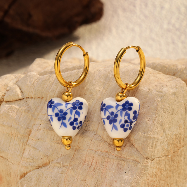 White, Blue &amp; Gold Porcelain Heart Huggie Earrings