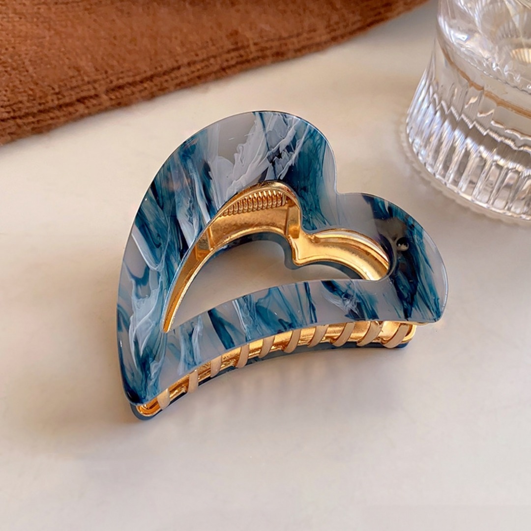 Deep Blue Marbled Heart Silhouette Claw Clip