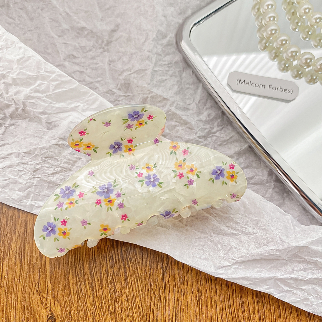Cream Floral Rounded Claw Hair Clip