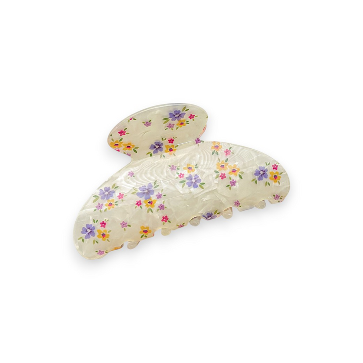 Cream Floral Rounded Claw Hair Clip