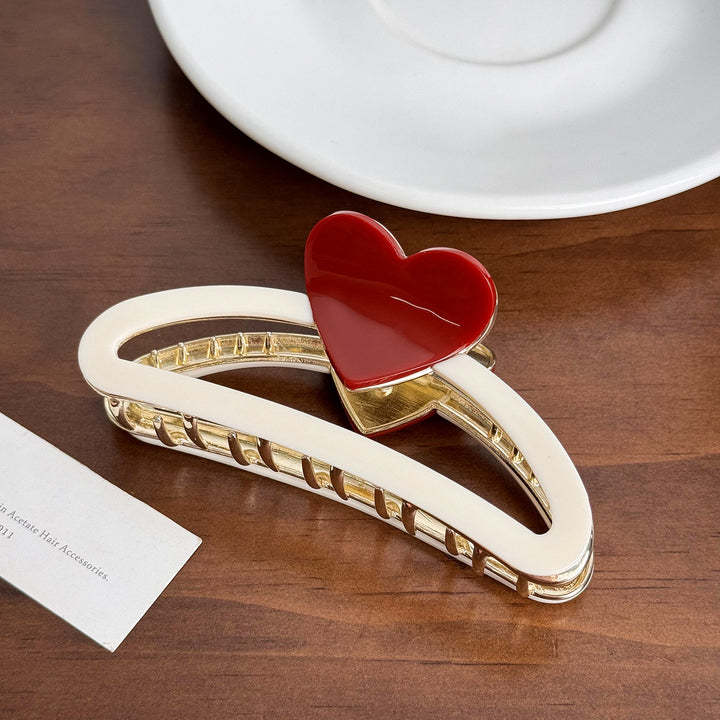 Cream Hair Claw with Red Heart Detail