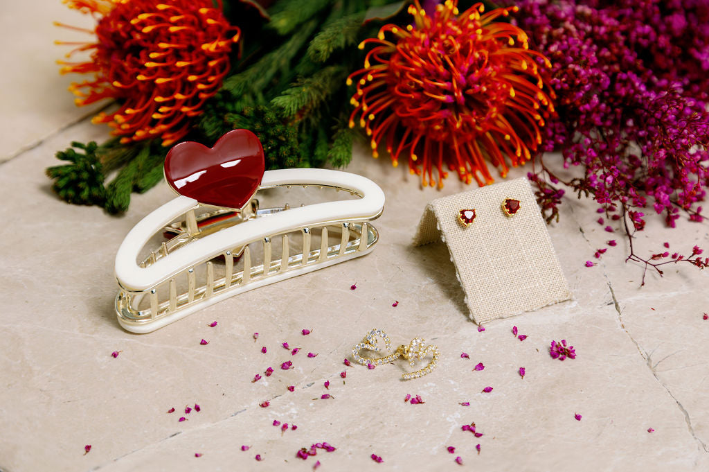 Cream Hair Claw with Red Heart Detail