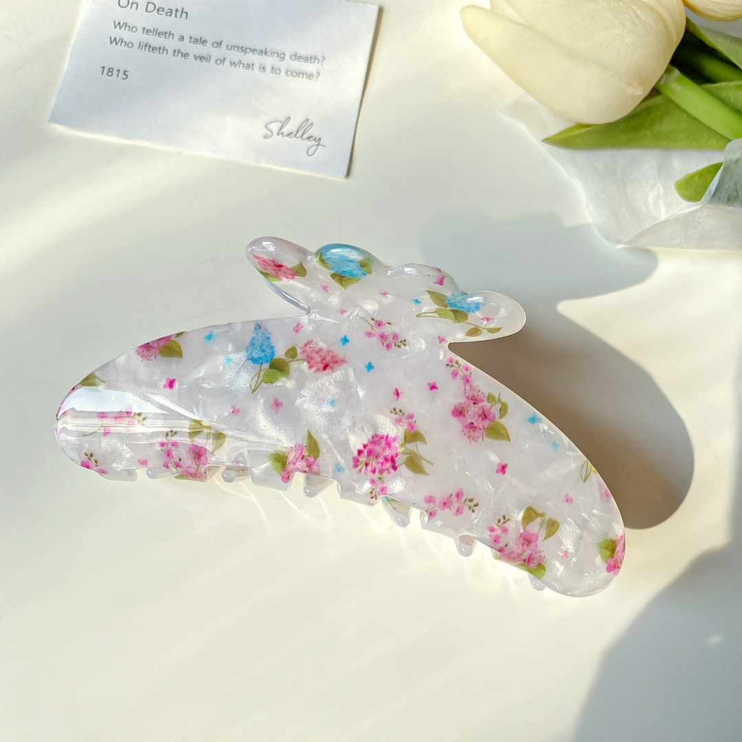 Pink & Blue Floral Claw Hair Clip – Soft Blush Detail