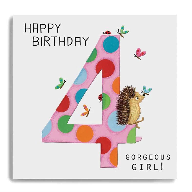 Happy Birthday – 4 – Gorgeous Girl! – Large Spotty Pink 4 with Hedgehog Card
