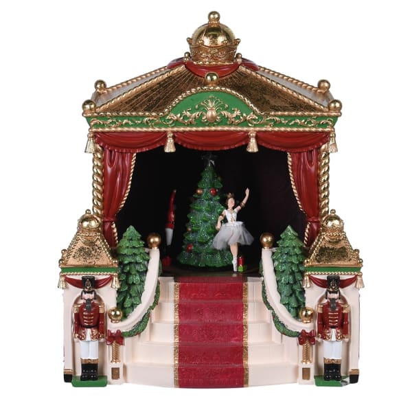 Decorative Christmas scene with a stage, ballerina, and nutcrackers on a white background