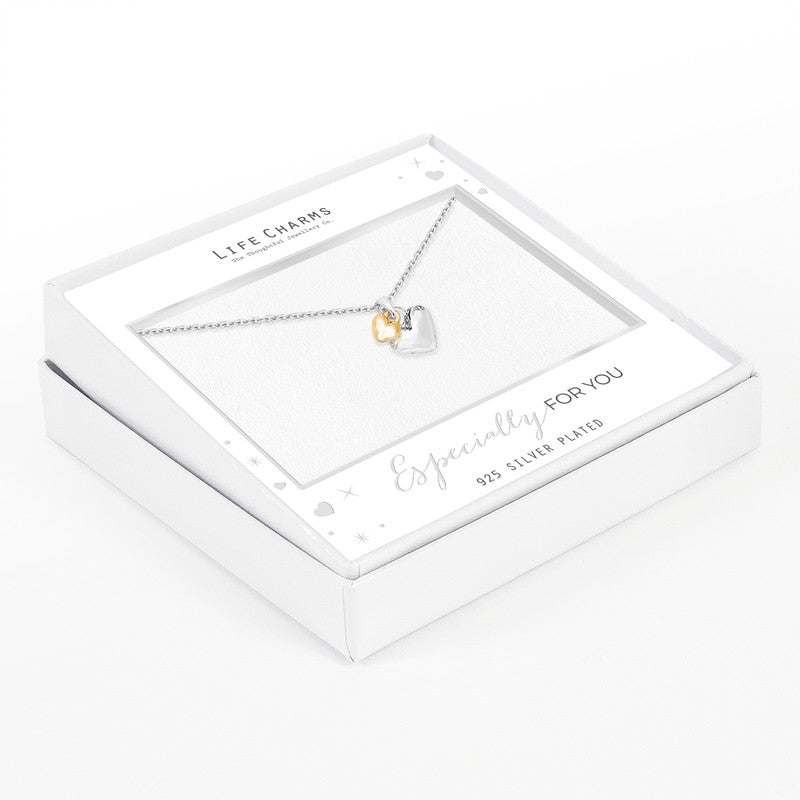 Silver & Gold Puffed Hearts Pendant Necklace