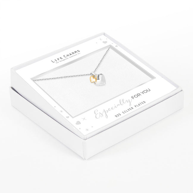 Silver & Gold Puffed Hearts Pendant Necklace