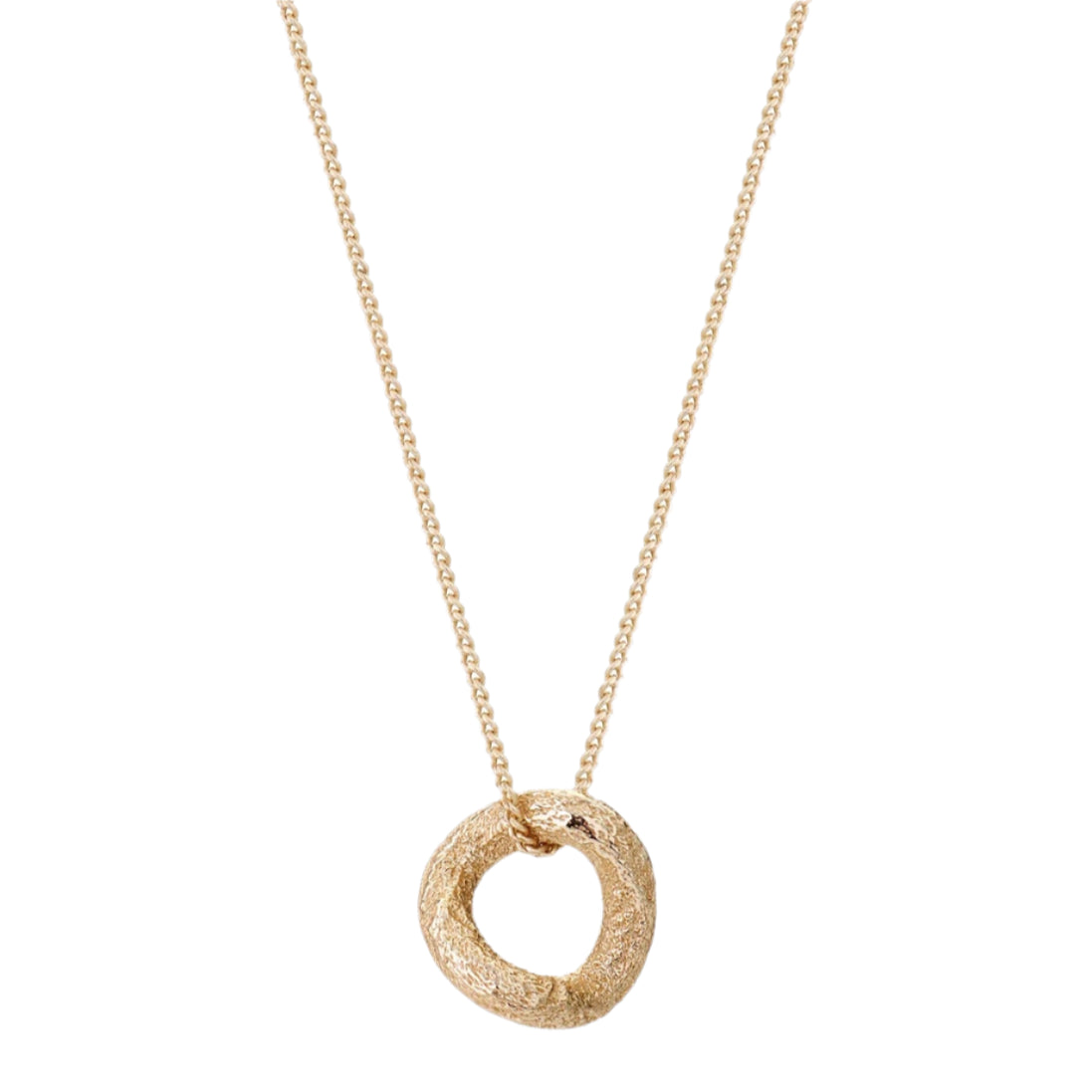 Gold necklace with a textured circular pendant on a white background