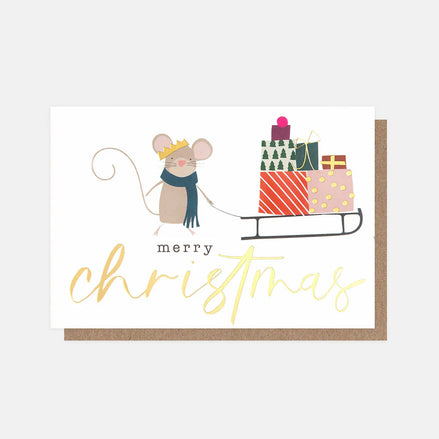 Merry Christmas Mouse With Sleigh Card - Pack of 10
