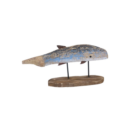 Rustic Wood Blue Whale on Plinth - Small