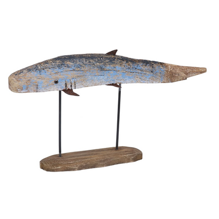 Rustic Wood Blue Whale on Plinth - Large
