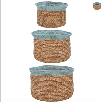 Blue Trim Natural Woven Lined Tub Basket, Set of 3