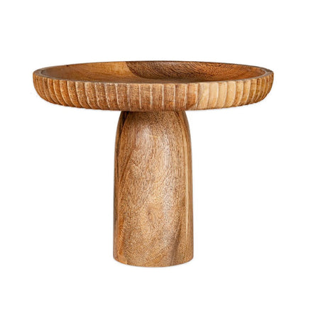Wooden side table with a bowl-like top on a white background