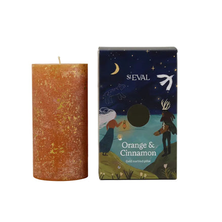 Gold Marbled Pillar Candle - Orange & Cinnamon