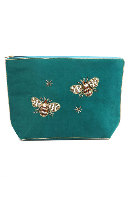 Teal Golden Bee Large Velvet Pouch
