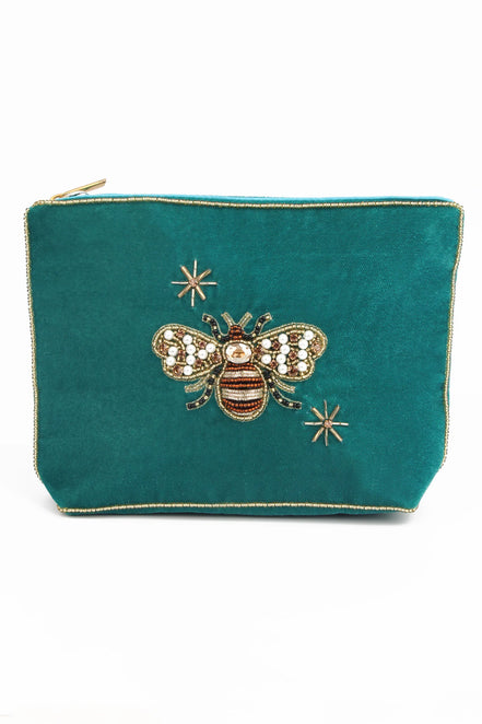 Teal Golden Bee Medium Velvet Pouch