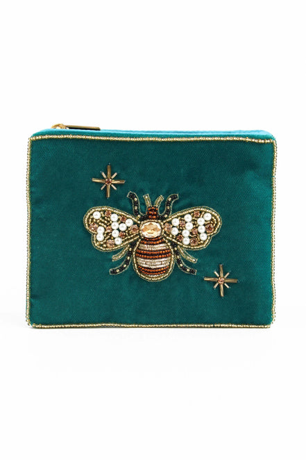 Teal Golden Bee Small Velvet Pouch