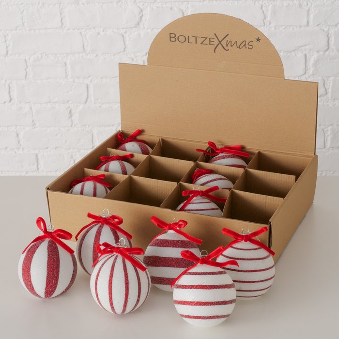 Red and White Christmas Bauble Striped 6 Assorted