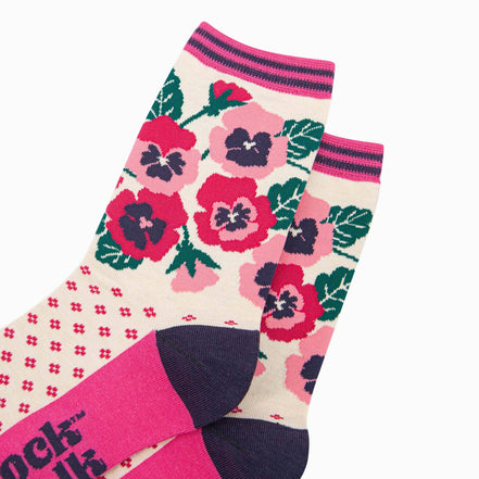Women's Bamboo Socks - Cream/Pink, Pansies: UK 3-7 | EU 36-40 | US 5-9