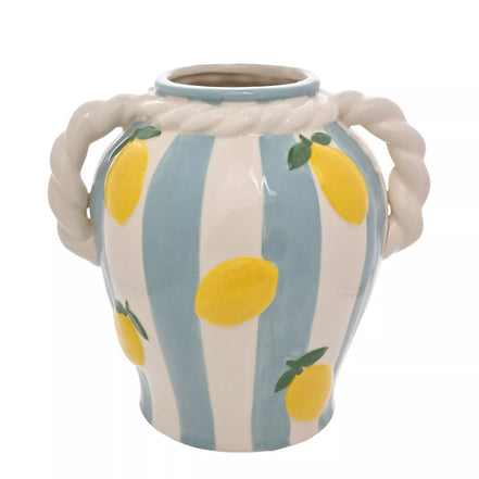 Blue Striped Lemon Vase With Rope Handles